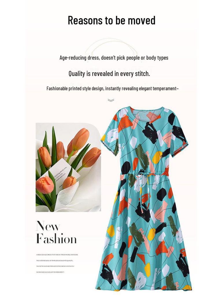 Elegant Plus Size Cotton Silk Knee-Length Dress with Waist Cinch for Middle-Aged Women