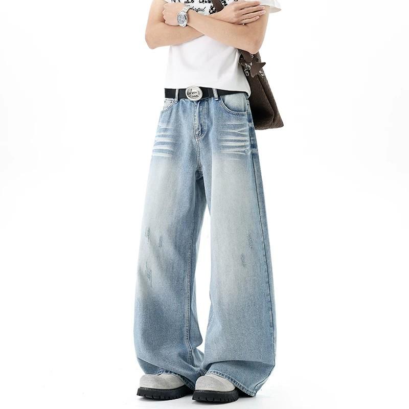 American Washed Loose Bf Lazy Wind Jeans Men's and Women's Retro Cross Rivet Ripped Floor Mopping Trousers