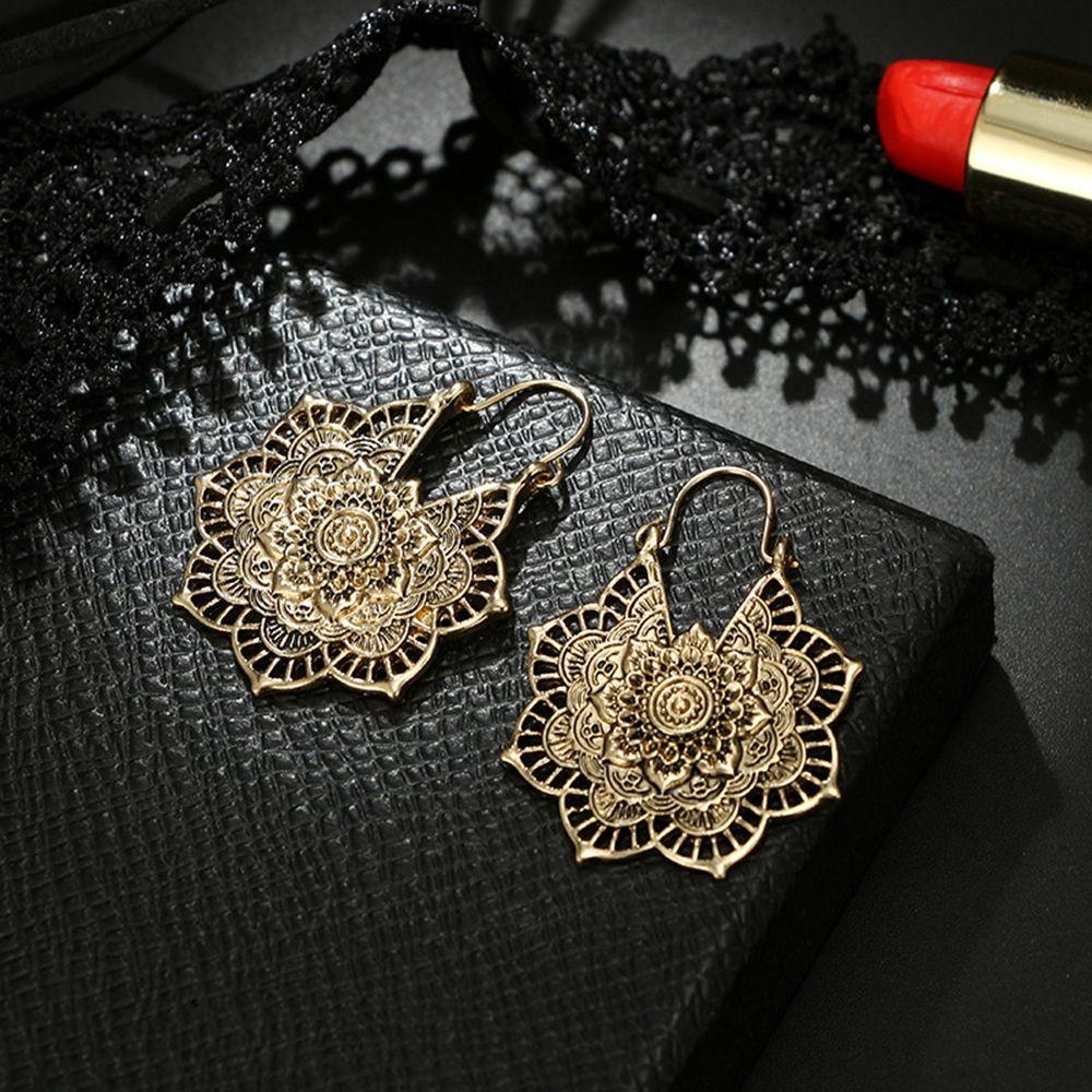 Antique Tribal Gypsy Dangle Ear stud Floral Earring Hollow Out Mandala Flower Pendant