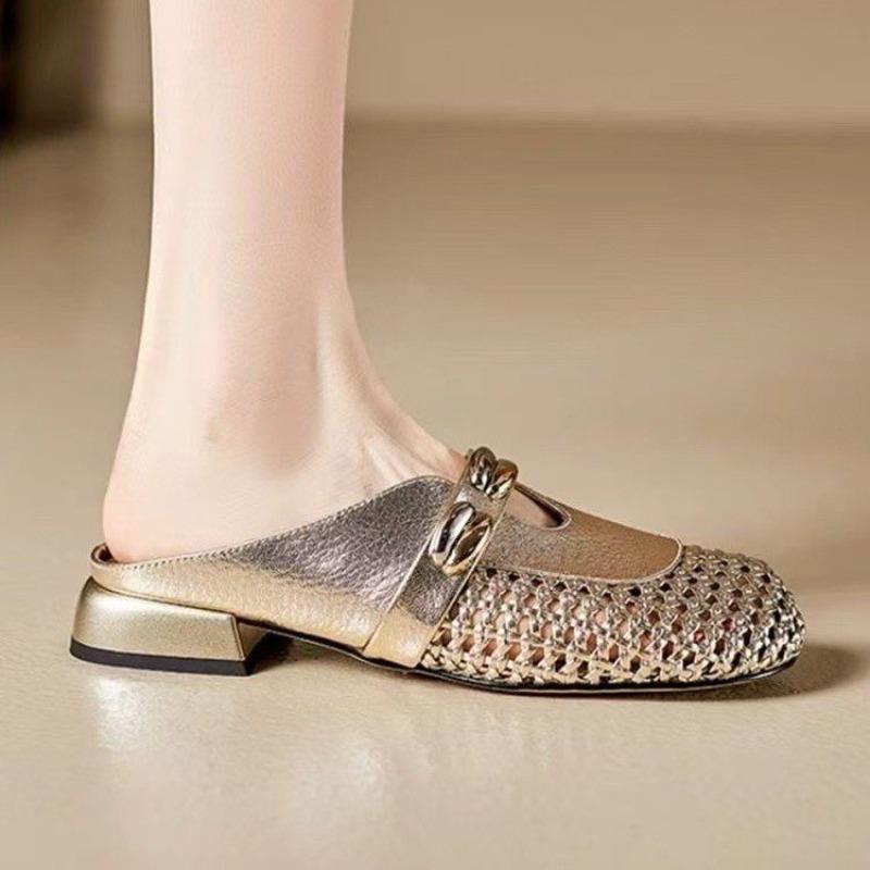 Wide Head Design Baotou Half Slippers Women's Summer Outside Wear Hollow Woven Metal Buckle Non-slip Cool Slippers