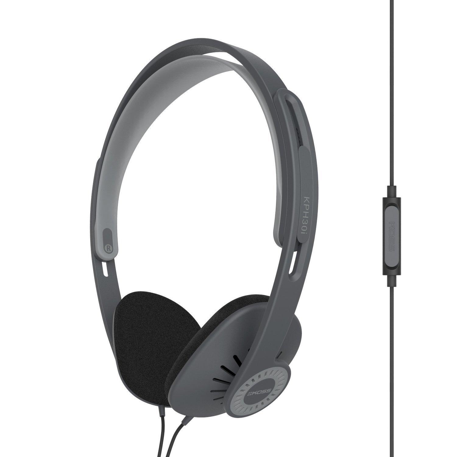 

Koss KPH30iK headphones with microphone and touch wired with dark gray and on-ear in-line remote, D-profile design, 3.5mm plug, black.