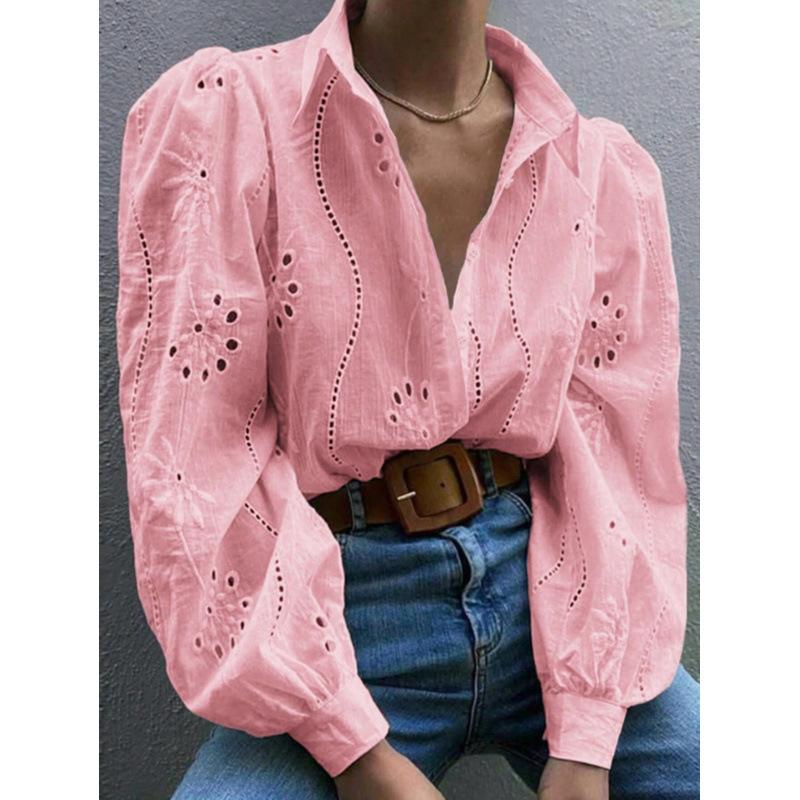 European and American retro hollow embroidered long-sleeved shirt women's summer loose and thin bubble sleeve long-sleeved shirt women's top
