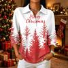 Women's Casual Christmas Print Button Down Top with Three-Quarter Sleeves and Notched Collar