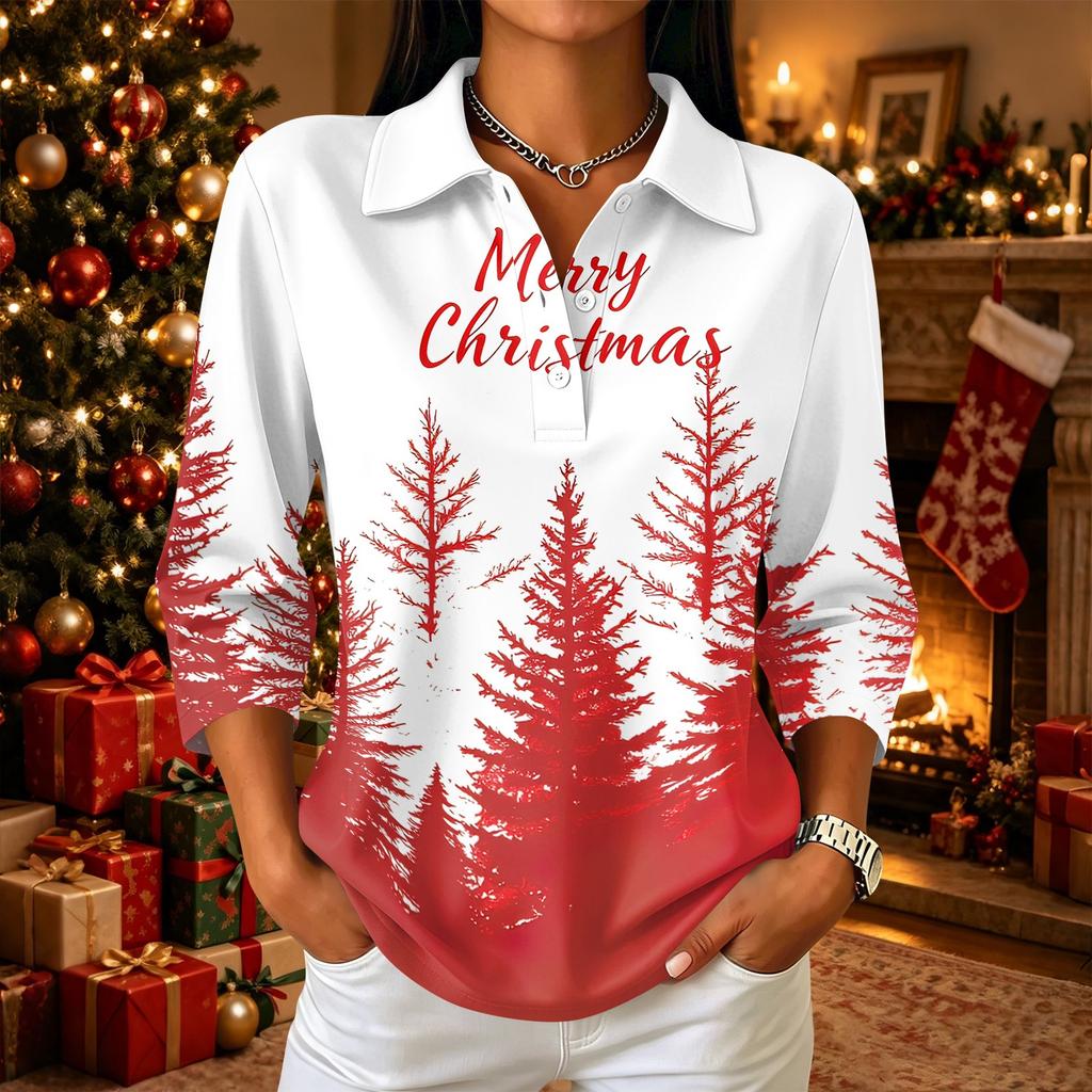 Women's Casual Christmas Print Button Down Top with Three-Quarter Sleeves and Notched Collar