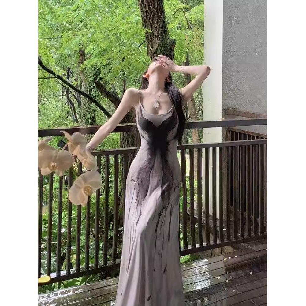 

Женское летнее платье на бретельках-спагетти с принтом в стиле китайской живописи тушью: Уникальное длинное повседневное платье во французском стиле L (recommended for 50-55 kg)