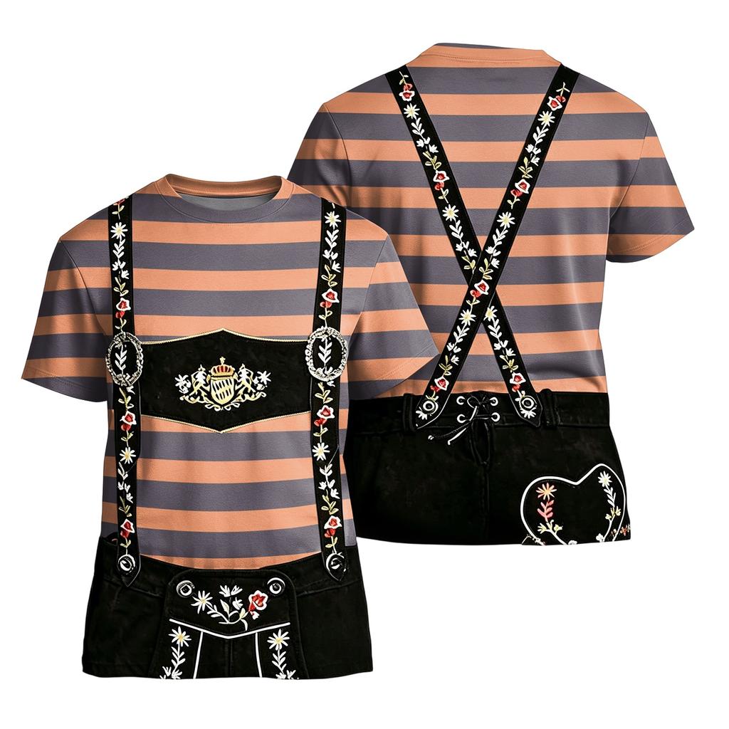 T-shirt da uomo per l'Oktoberfest con stampa testurizzata vintage, manica corta, vestibilità larga, casual, estiva, per uso quotidiano, top con bretelle grafiche e ricami