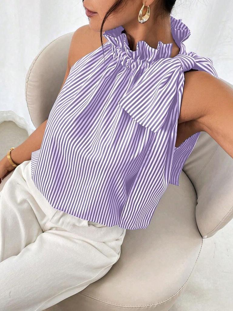 Trendy Casual Striped Ruffled High Neck Tie-Up T-Shirt Top