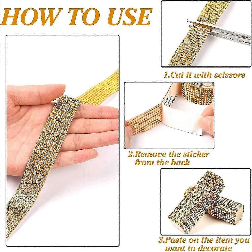 Self-Adhesive Rhinestone Tape, 1 Roll, Suitable for DIY, Car, Home, Wedding (Gold)