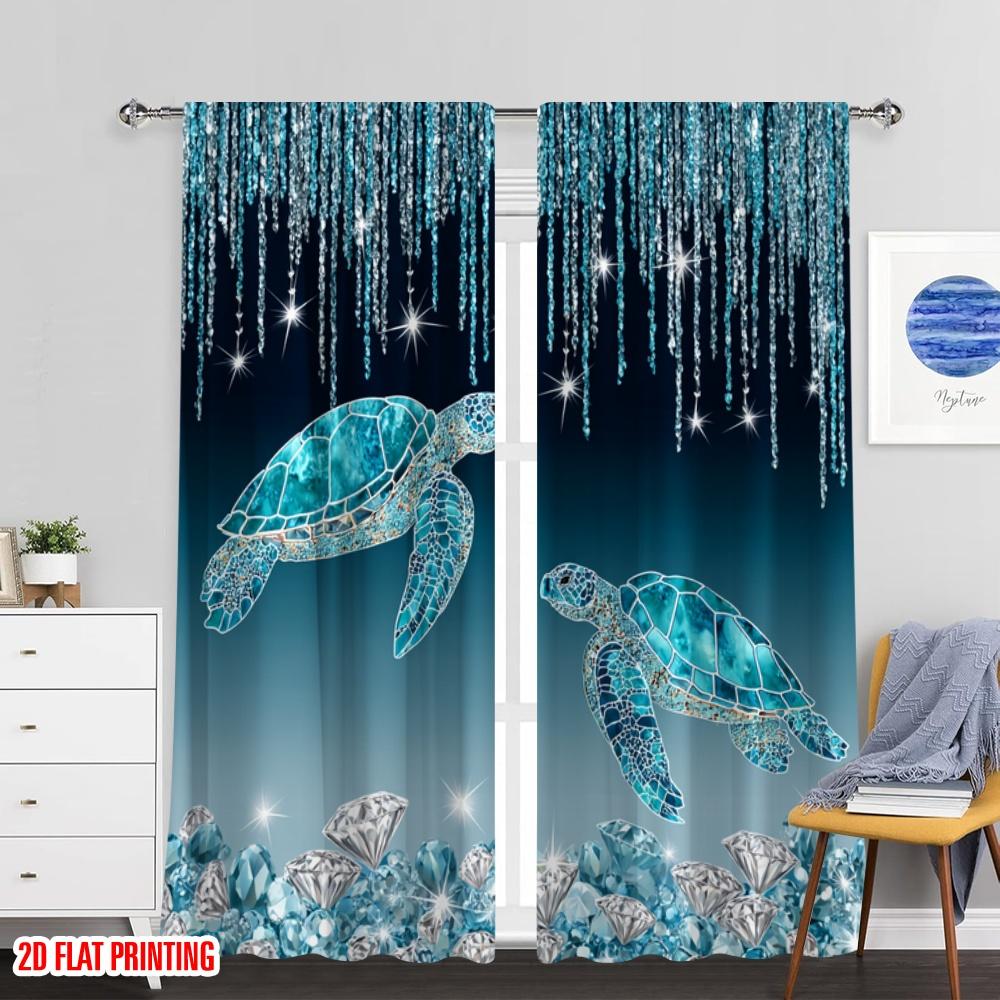 2pcs 2D Flat Printing Party Window Curtains Turquoise Turtle Diamond Sparkle Digital Printed Polyester Drapes Family Party for