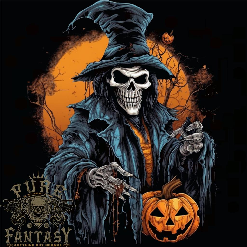 26 Halloween Wizard Witch With a Pumpkin Skull Mens T-Shirt 100% Cotton Unisex T-Shirt