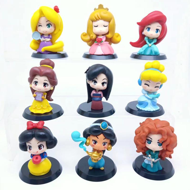 Cute Fairy Tale Princess Car Decoration Figurine Adorable Q Version Mulan Snow White Little Mermaid Elsa Collectible Toy 6cm Pvc