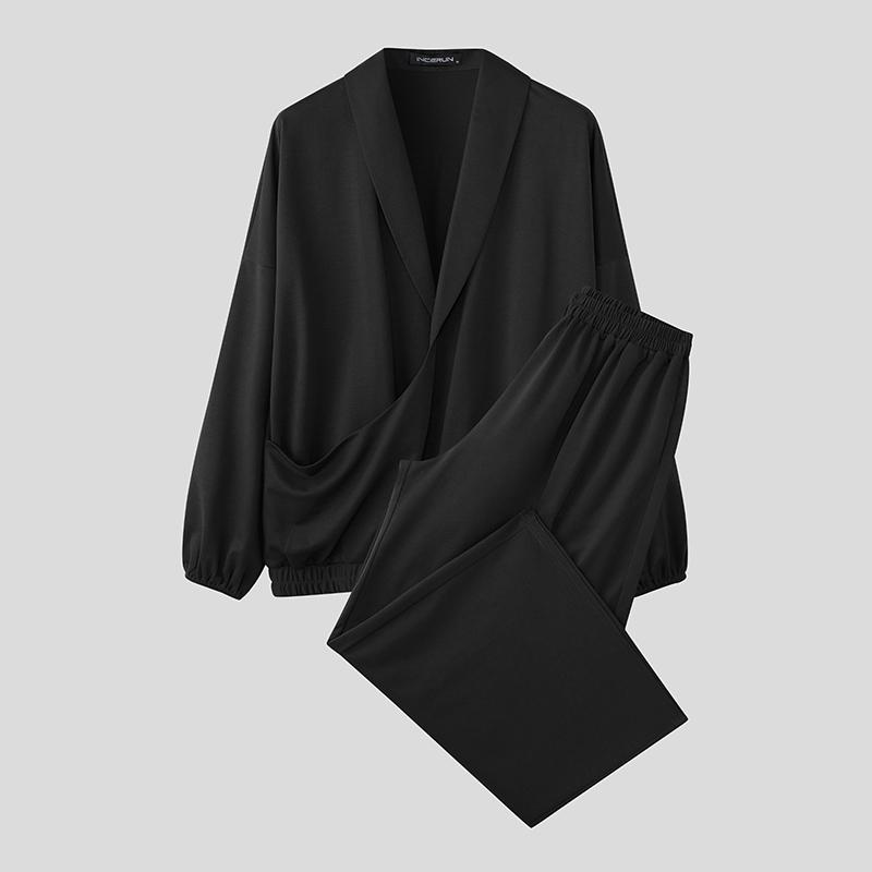 

INCERUN Комплекты из двух предметов Мужские Оверсайз Рубашки с длинным рукавом и V-образным вырезом и Комплекты с длинными свободными брюками S чёрный