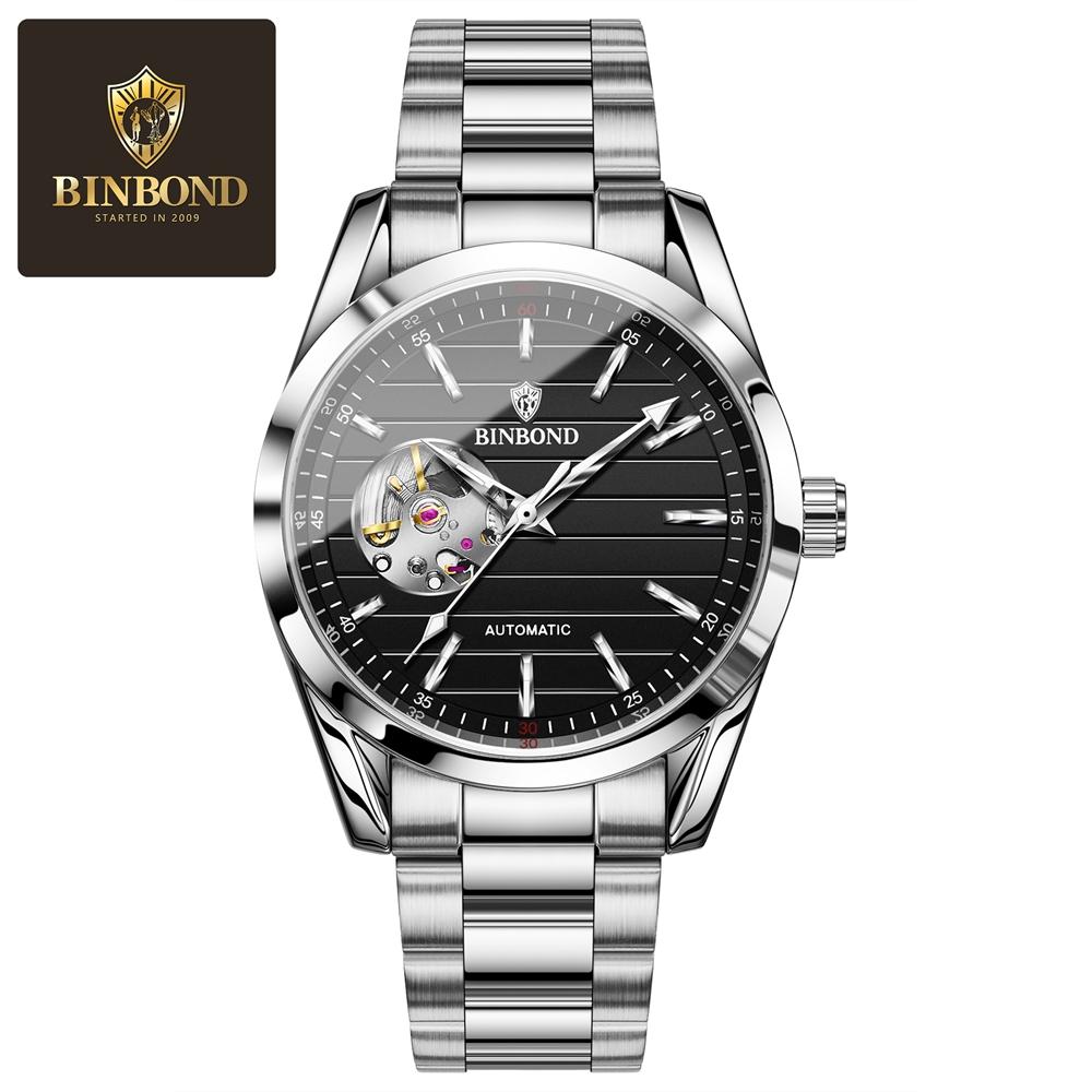 

Мужские повседневные деловые часы Мужские модные светящиеся водонепроницаемые часы с полым автоматическим механическим механизмом и стальным ремешком чёрный