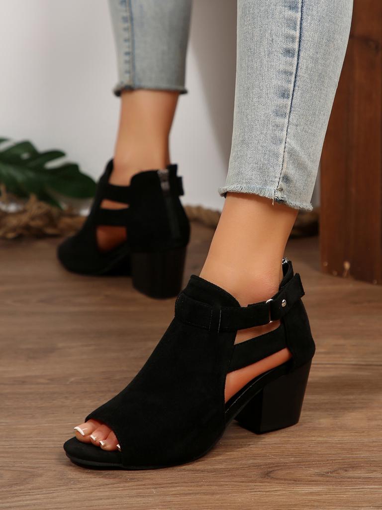 Fashion Women Sandals  Chunky High Heels Soild Gladiator Open Peep Toe Women Black Shoes Buckle Back Zipper Sandalias De Mujer