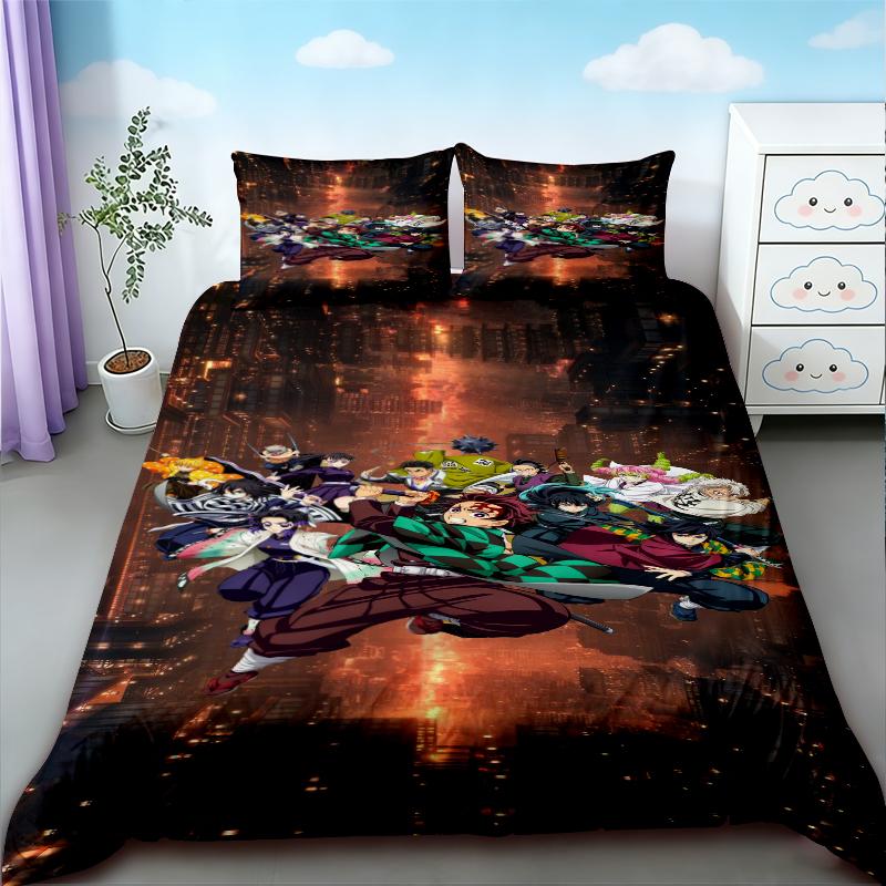 Copripiumino Demon Slayer Kimetsu No Yaiba Kamado Nezuko Anime Set Biancheria da Letto in Poliestere Set Copripiumino Stampato Cartone Animato Decorazione per la Casa