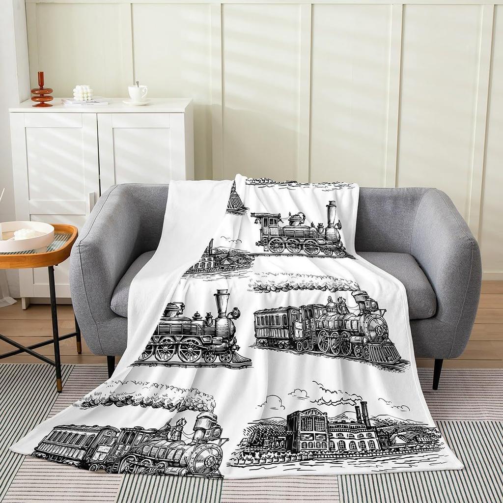 Retro train pattern digital-printed polyester Bedroom velvet flannel cover blanket Fleece soft sofa cover blankets for beds