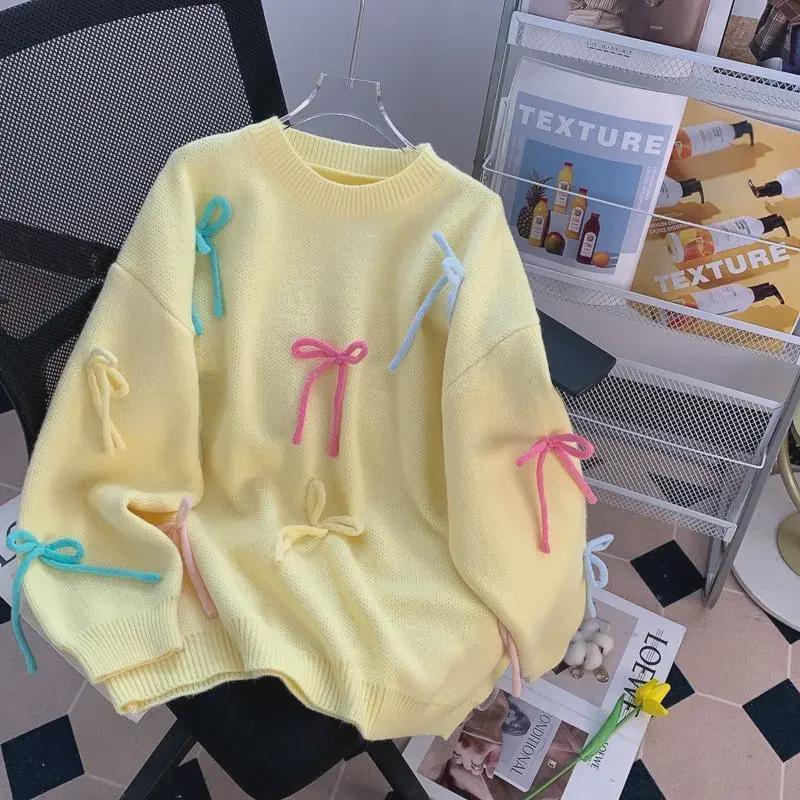 

Женский свитер в стиле ленивой кофты с розовым бантом: 2024 Новый свободный осенне-зимний вязаный топ, замедляющий старение Large жёлтый