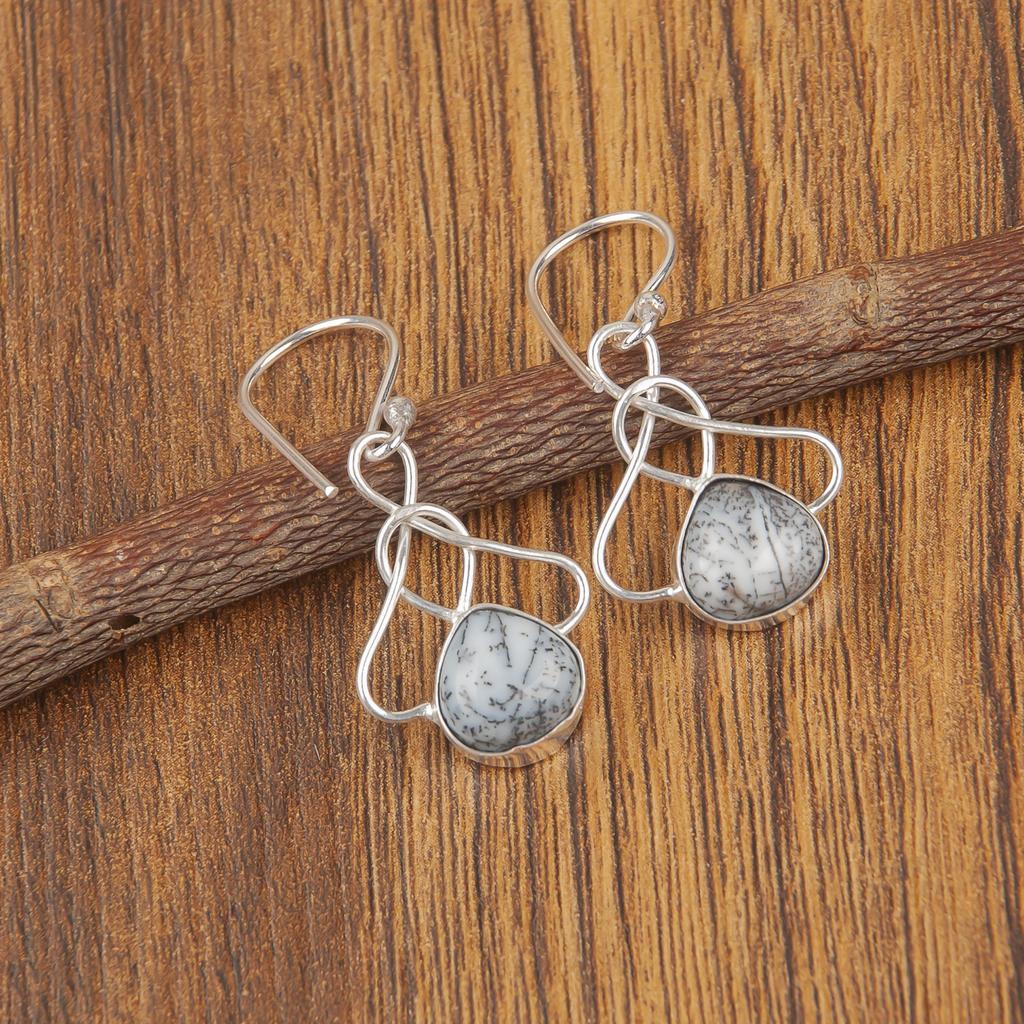 Natural Dendritic Opal Gemstone 925 Sterling Silver Designer Earrings 1.50" For Birthday Gift EE-2-19