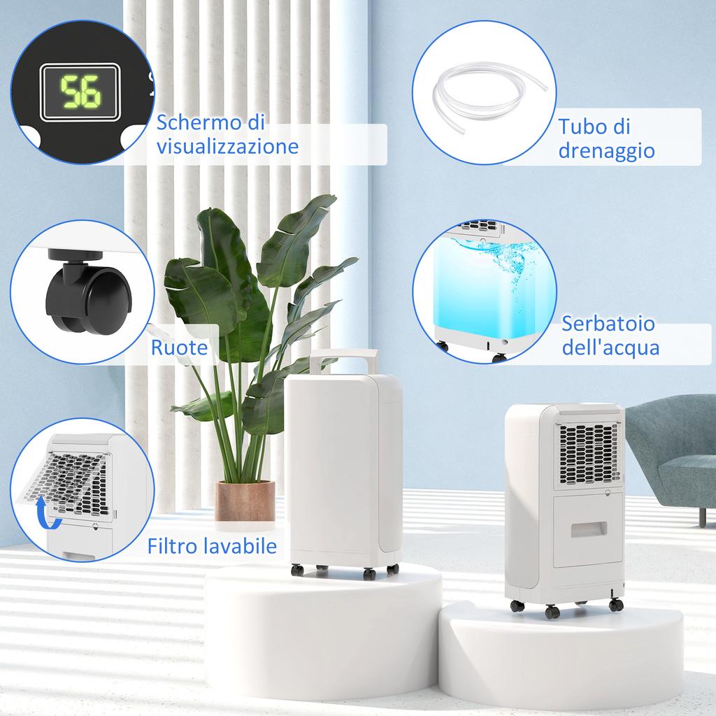 12L Portable Touch Dehumidifier with Drain Hose, Timer and Filter, In ABS, 28x18x50.6 Cm, White
