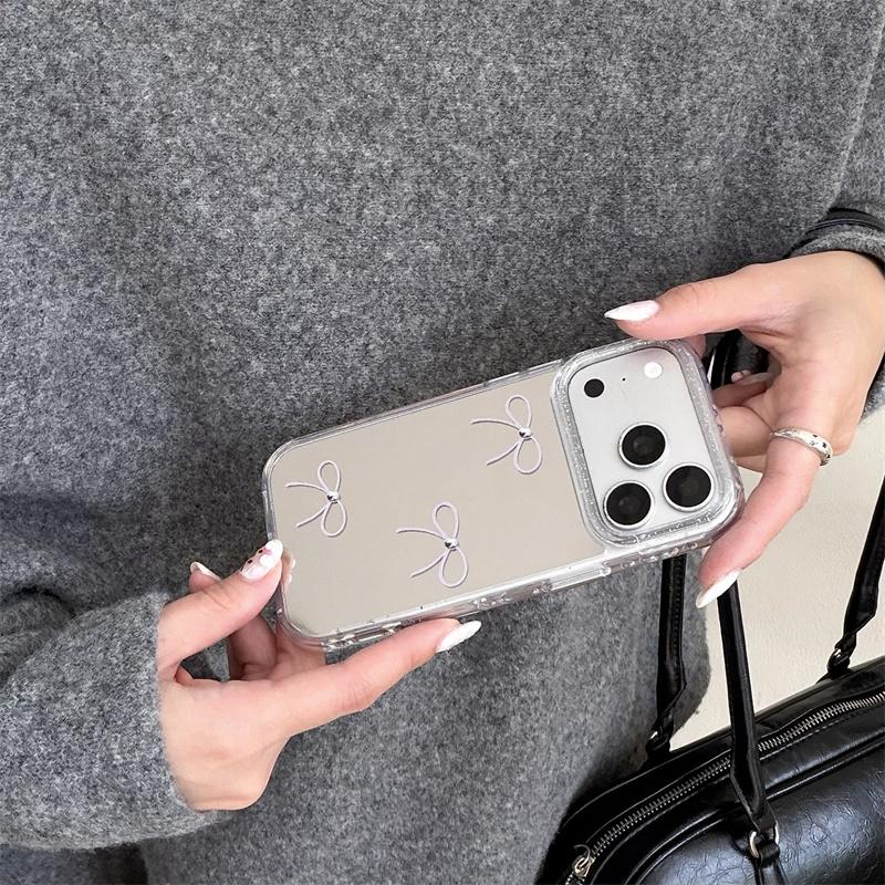 Minimalist Bow Mirror Phone Case For iPhone 17 Pro 16 15 14 Pro Max with Glitter Shockproof 17pro  Protective  Cover Cases