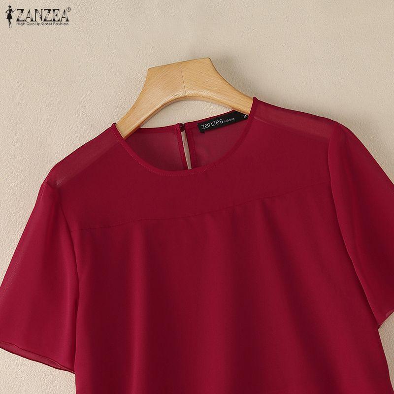 ZANZEA Women Casual Sheer Mesh Splice Round Neck Short Sleeve Blouse