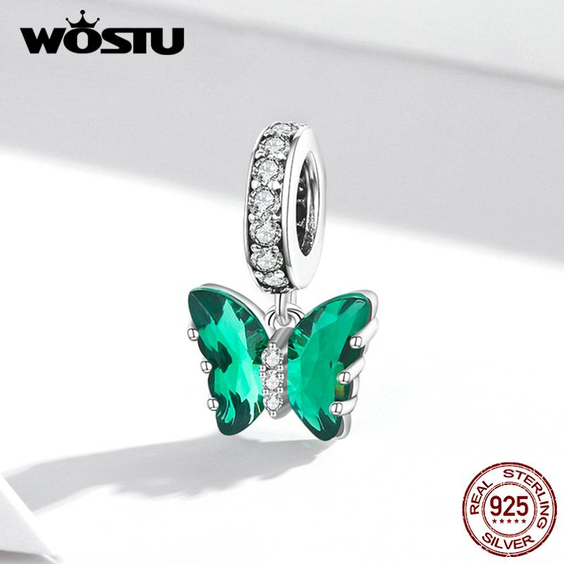 WOSTU Tři barevné korálky se zirkonovým motýlkem 925 se stříbrným přívěskem se hodí pro originální náramek náramek DIY jemné šperky