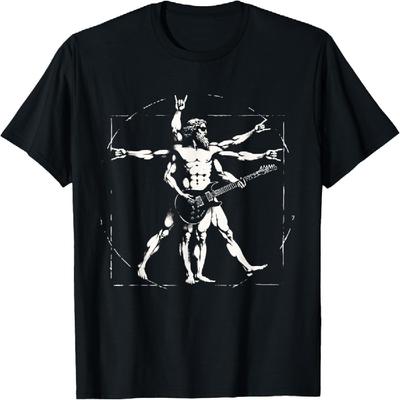 Retro Vitruvian Man Guitar Rock Men Women Funny Guitar T-Shirt