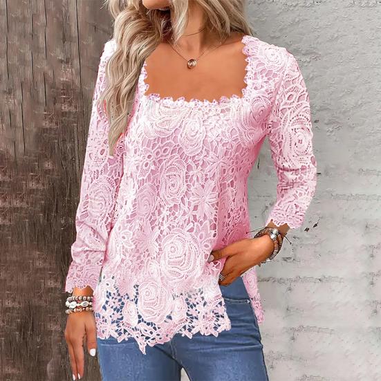 Solid Large Size Neck Color Hollow Out Square Lace Long Sleeve Soft Loose Breathable Pullover T-shirt