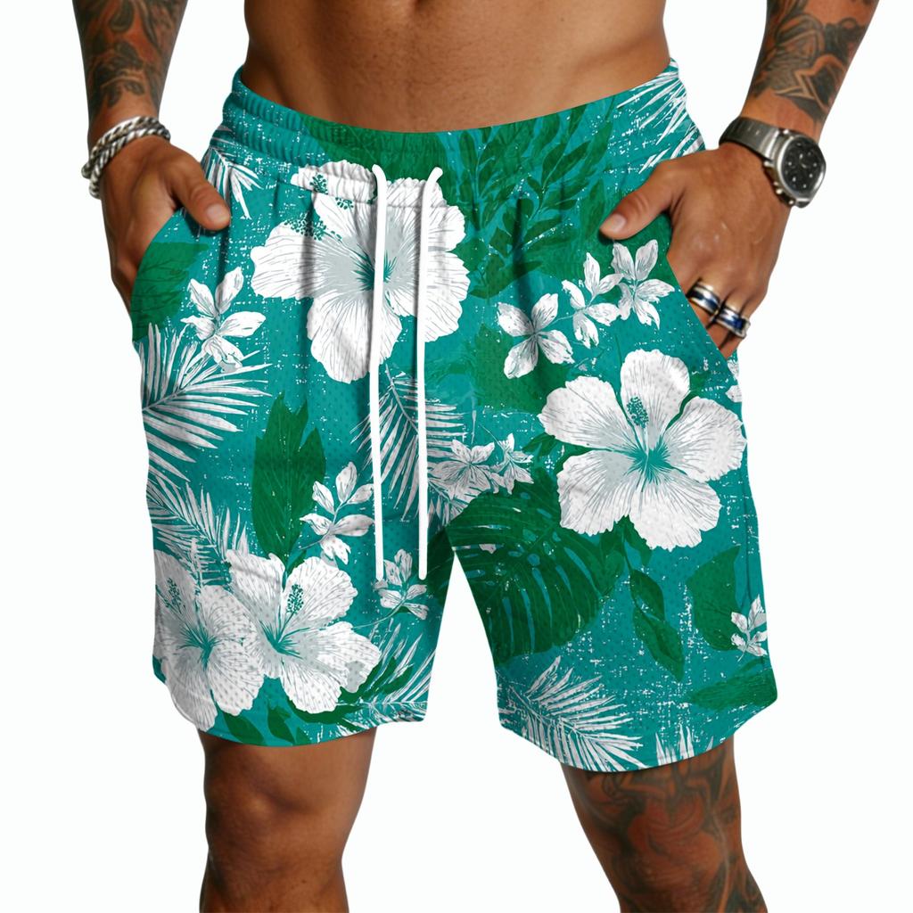 Men's Casual Hawaiian Print Drawstring Shorts Lightweight Quick Dry Beachwear Five Inch Inseam Swim Trunks with Pockets