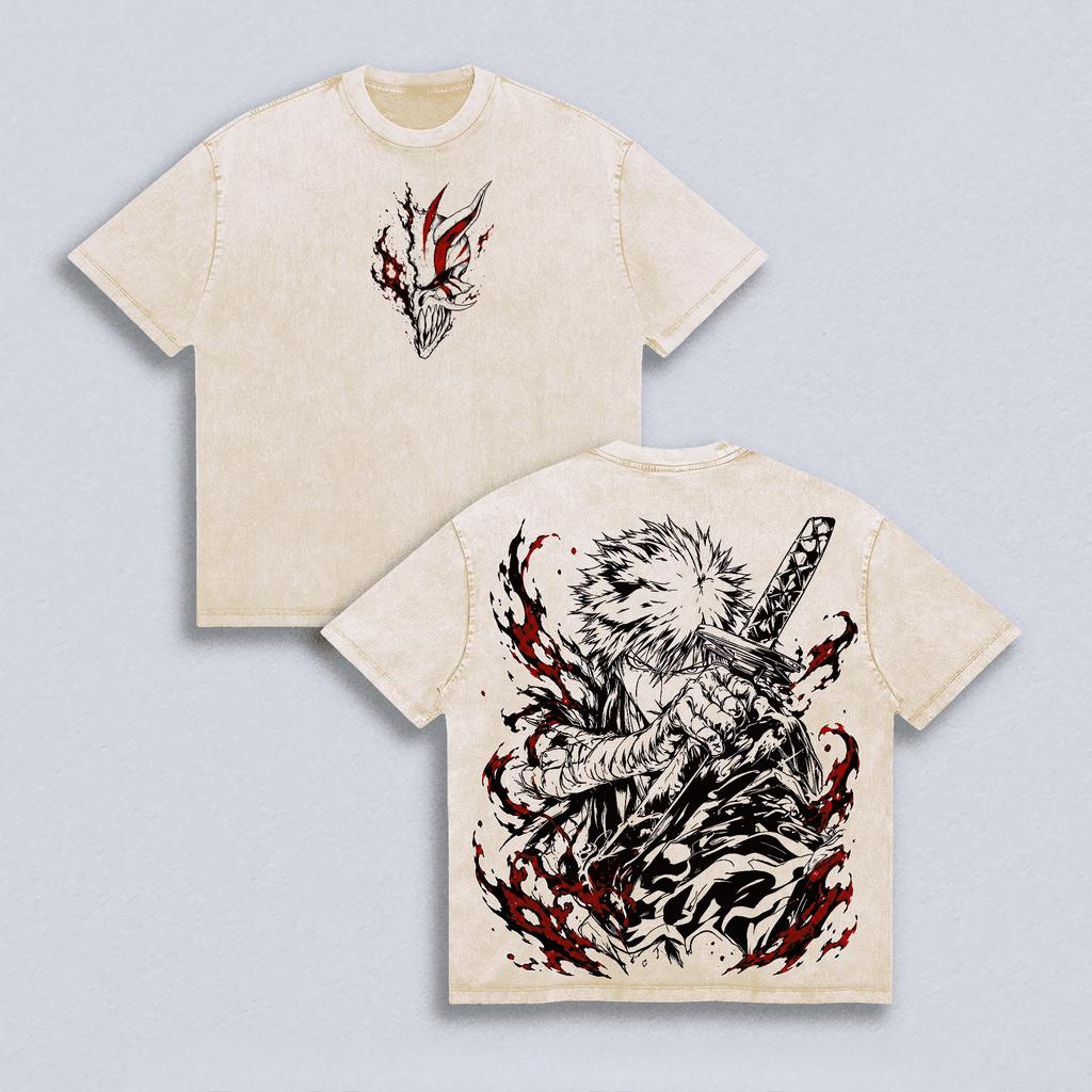 Vintage Fashion BLEACH T-shirt Kurosaki Ichigo Anime Washed T Shirt Summer Short Sleeve Cotton Tees Tops Men Women Clothing