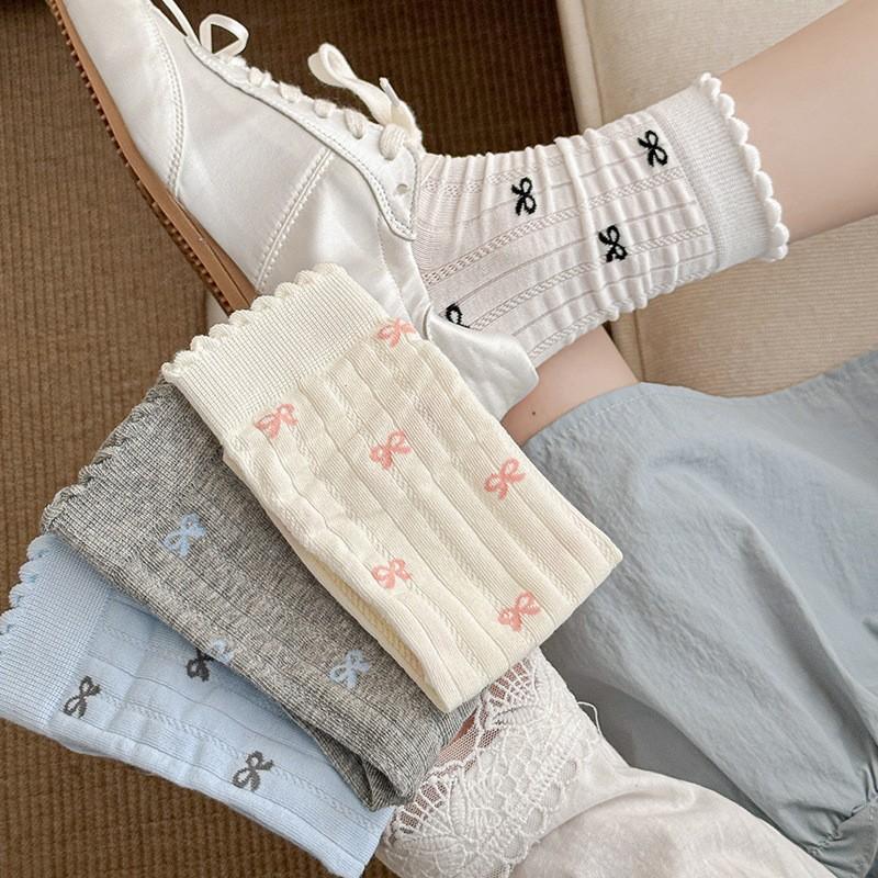 White Socks Pure Cotton Stacking Socks Lace Bow Cute Girl Spring And Autumn Thin Cotton Medium Tube Socks Women