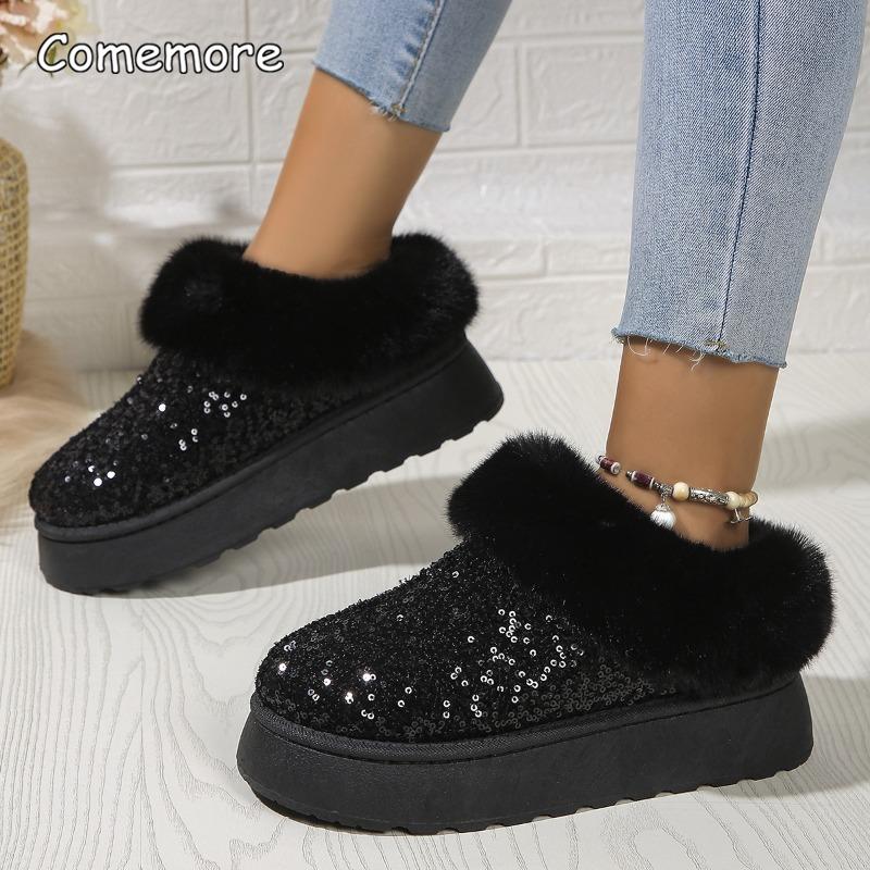 

Fashion Shiny Sequins Ankle Boots Women Faux Fur Comfort Thick Sole Non Slip Snow Boots Winter Thicken Plush Cotton Boots Bota Feminina 36 чёрный