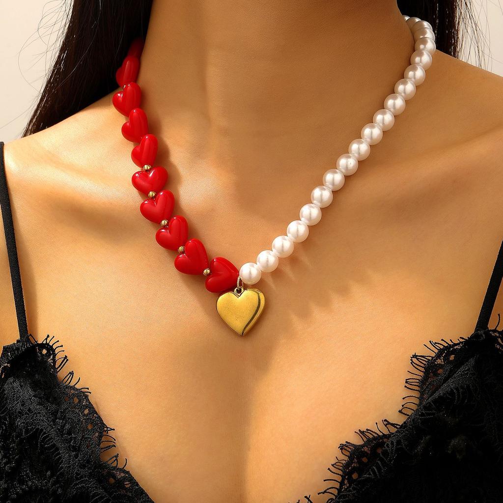 High quality 18K real gold stainless steel love stud earrings pendant necklace imitation pearl personalized color matching necklace earrings set