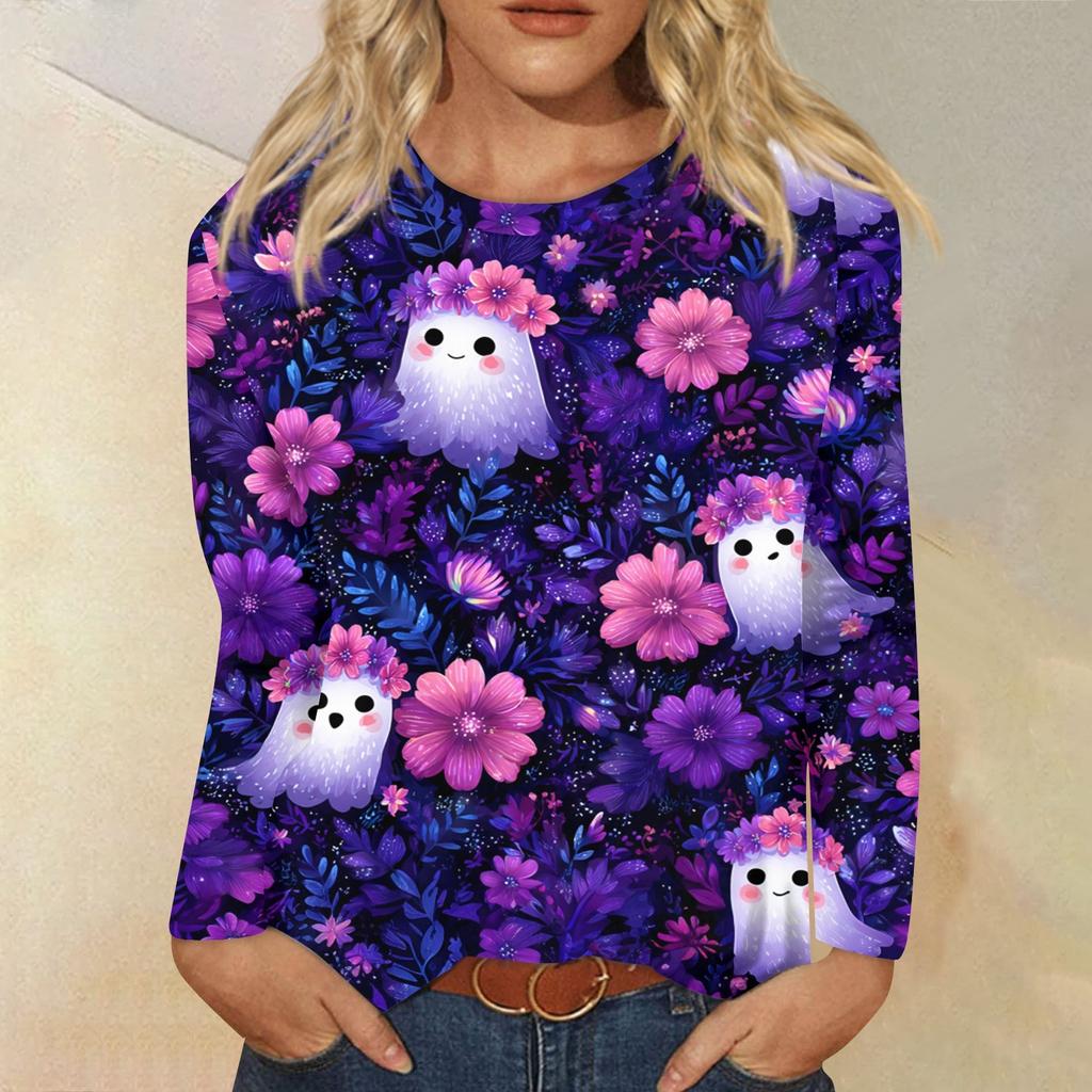 Modisches, lässiges Langarm-Oberteil mit Rundhalsausschnitt und Halloween-Print für Damen