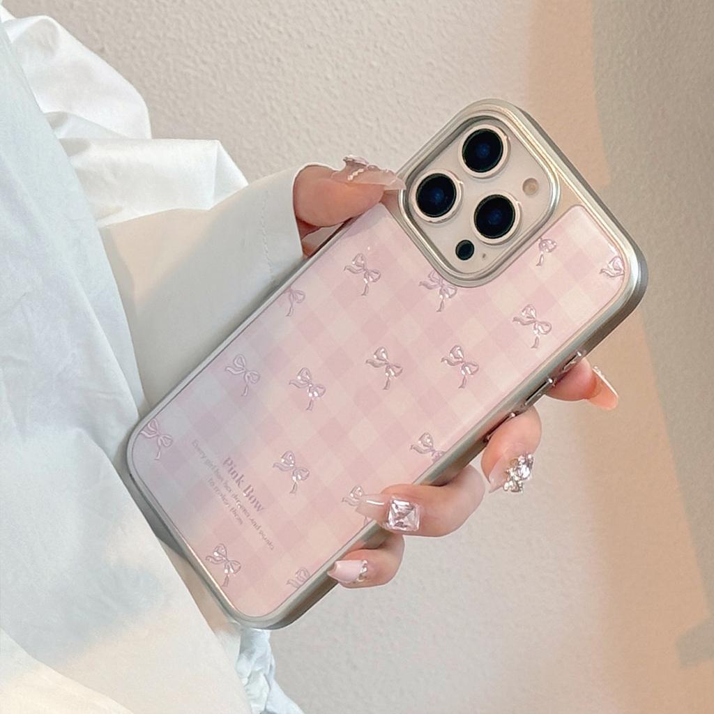 Gilt Gold Is Suitable for Apple 17promax Mobile Phone Case Iphone16 Pink Plaid Bow 13 Electroplated High-quality Mobile Phone Case