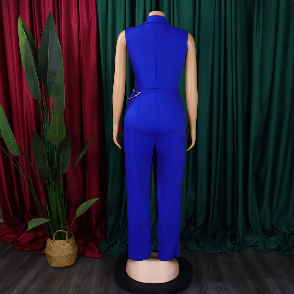 Women's Elegant and Elegant Suit Collar Waist Chain Loose Wide Leg Jumpsuit
