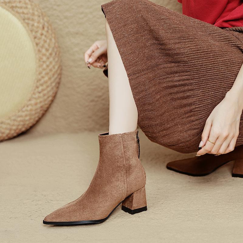 Coarse Heel Short Boots Women's 2025 Autumn and Winter New French Pointed High Heel Boots Suede Thin Elastic Boots Medium Tube Fashion Boots