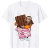 Cute Cartoon Girl Hug Giant Chocolate Bar Graphic Tshirt Pink Candy Wrapper Print Modal Short Sleeve Tee Chocolate Lover Gift