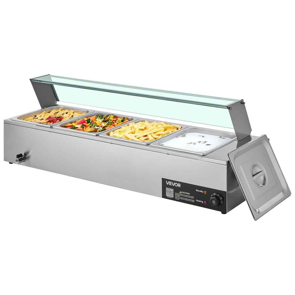 Commercial Food Warmer, 1500W Electric Stainless Steel Steam Food Warmer with Glass Cover, 4-Pan Countertop Buffet Bain Marie with Soup & Perforated
