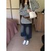 Autumn 2025 Striped Color Block Knit Top for Women with Round Neck and Belt