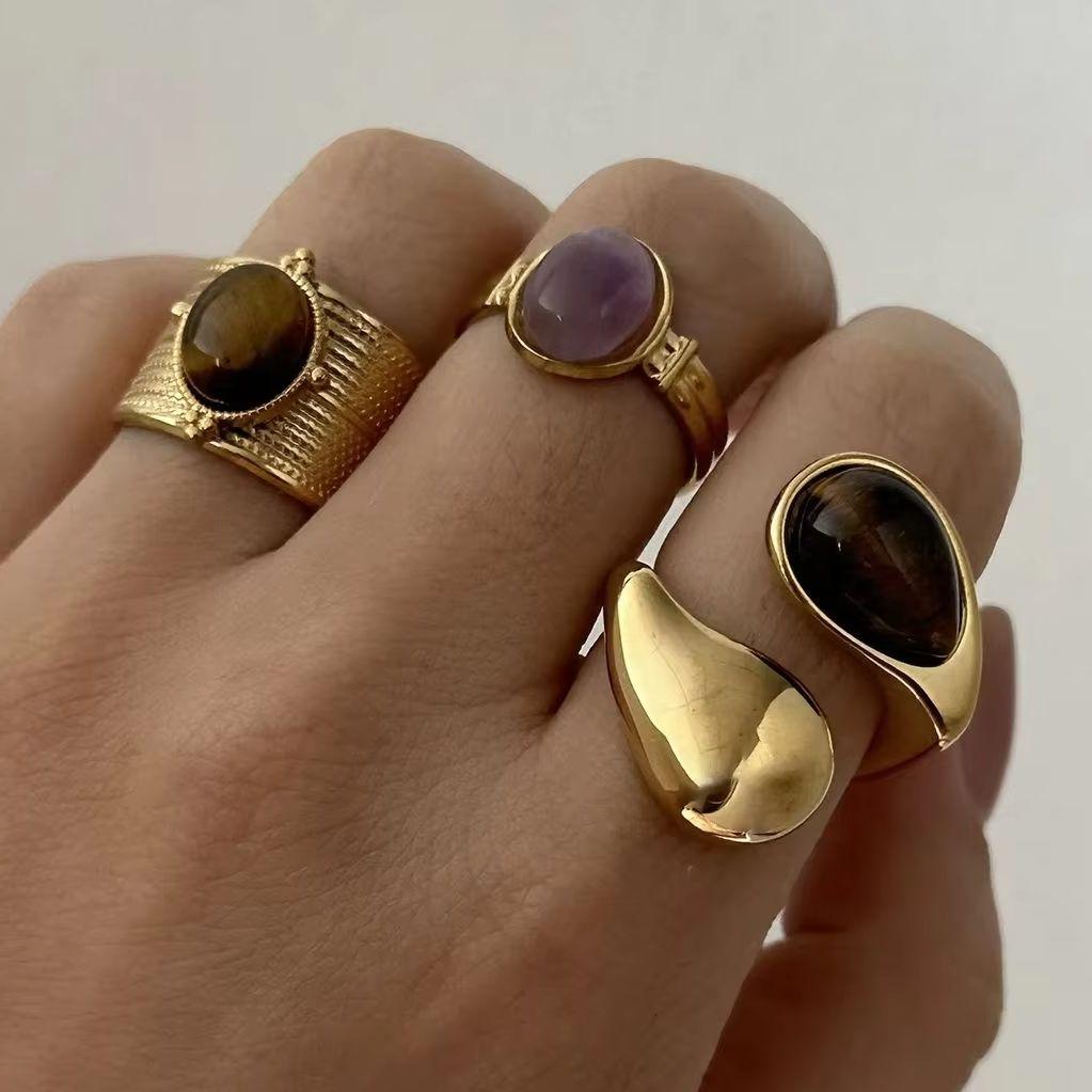 Retro Gold Color Irregular Metal Ring for Women Men Stainless Steel Natural Tiger Eye Opening Ring Aesthetic Dating Jewelry