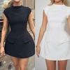 Women's Waist-Cinching Pocket Elegant Solid Color Round Neck Short Sleeve Spring Dress