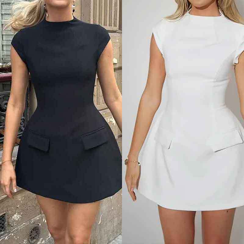 Women's Waist-Cinching Pocket Elegant Solid Color Round Neck Short Sleeve Spring Dress