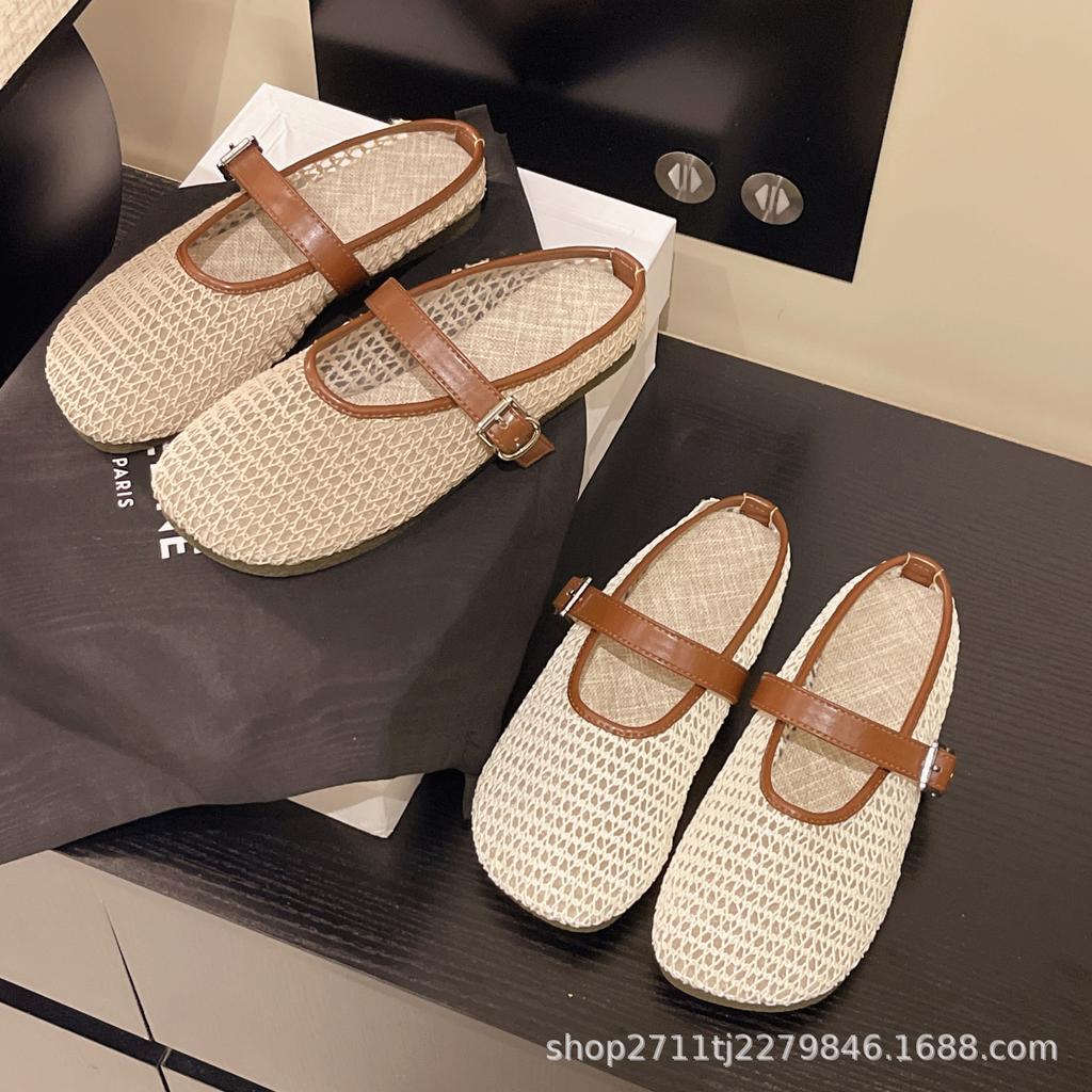 Baotou half slippers women's outer wear 2025 summer new breathable woven flat bottom pedal with skirt Roman sandals