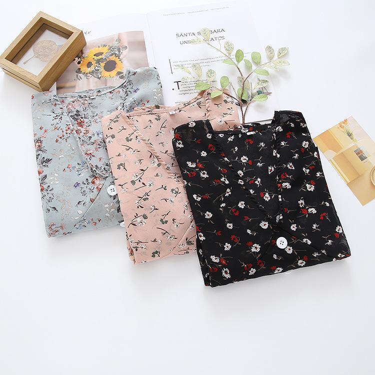 Button Up Skirt Doll Top Retro Floral V-neck Flared Sleeve Chiffon Shirt for Women