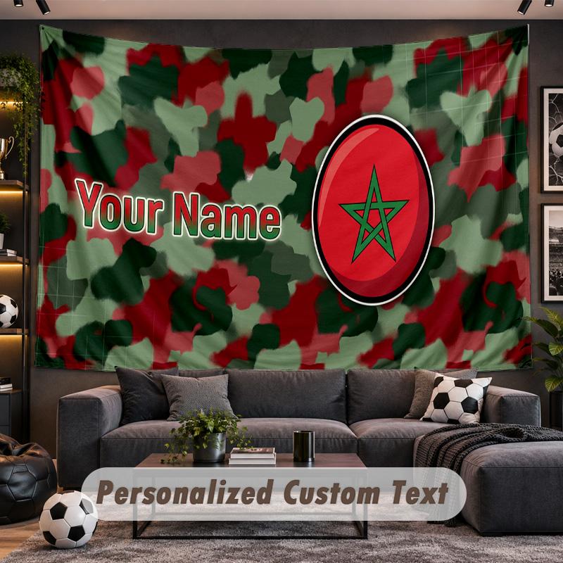 Morocco Football Personalized Tapestry Support Custom Name, Wall Art Home Decoration