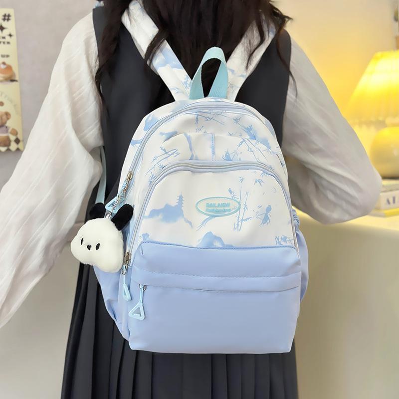 Solid color schoolbag for female junior high school students, high-value college style backpack for students, ink painting versatile backpack