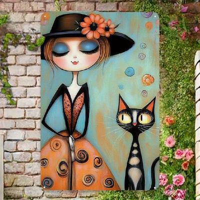 Art Mural Fantaisiste en Fer Forgé Chat et Fille – Peinture Décorative Orange Vif & Bleu pour Salon, Chambre, Décor Chat