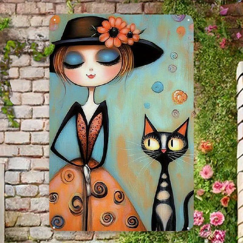 Whimsical Cat and Girl Wrought Iron Wall Art – Vibrant Orange & Blue Decorative Painting for Living Room, Bedroom, Cat Decor