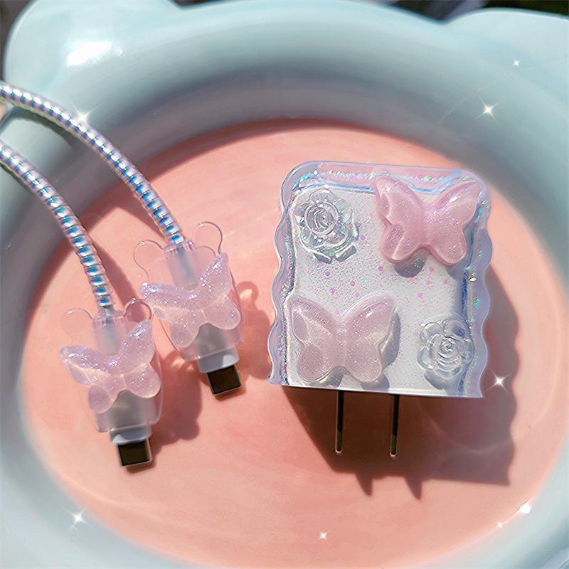 Data Line Bite Accessories for IPhone 18/20w Pink Crystal Butterfly Iphone Cable Protector Protective Cable Cover RXQ06